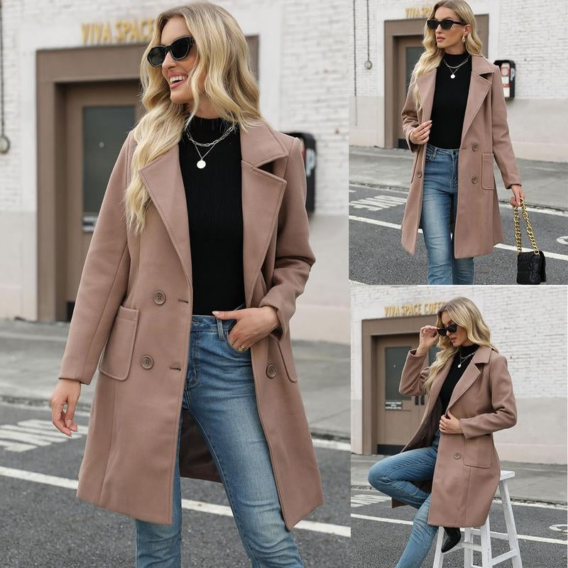 Maribel camel wool-blend coat mid-length double-breasted silhouette lightweight layering