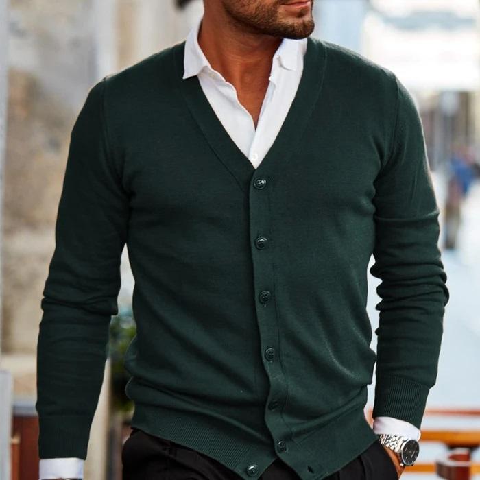 Men's Nordic-inspired knitted cardigan in neutral tones, structured contemporary fit with refined knit pattern