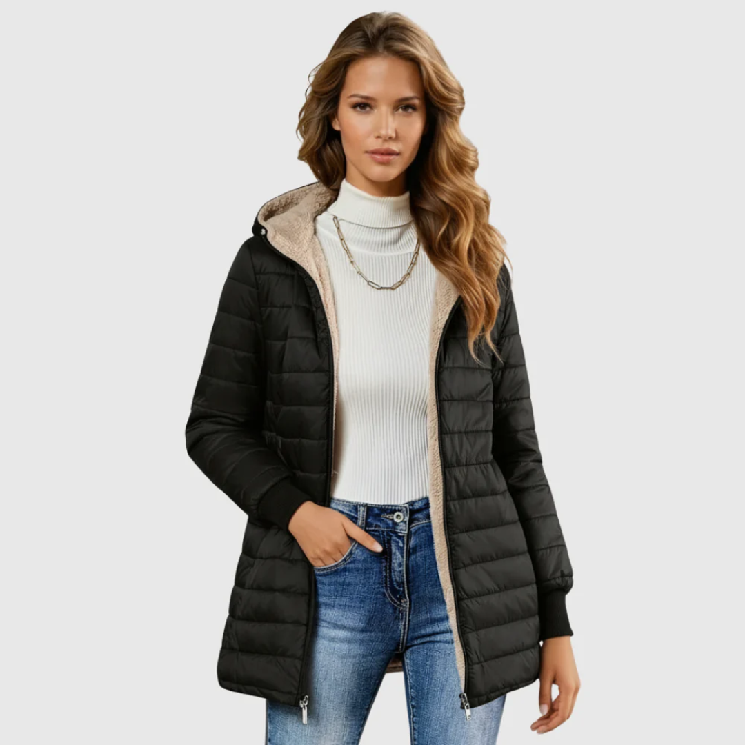 Women's sherpa-lined winter coat structured silhouette plush insulated warmth refined cold-weather style