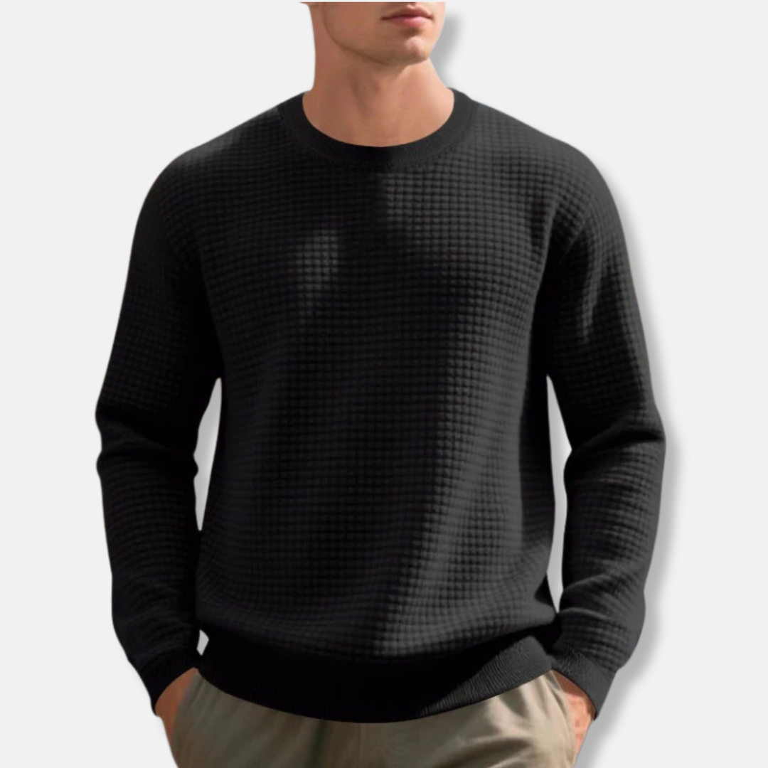 Men's beige waffle-knit sweatshirt loose fit crew neck with ribbed cuffs cotton blend casual