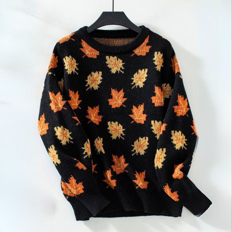 Cozy knit Klyne fall sweater with autumn leaves print, soft warm seasonal style