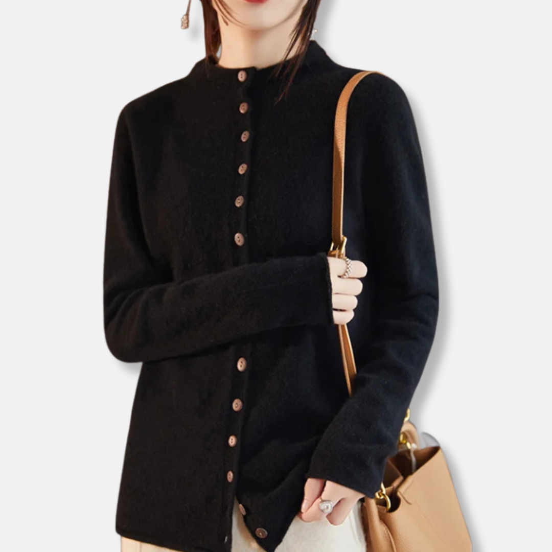 Women's wool knit cardigan sweater, relaxed tailored fit, button front spread collar, cozy style