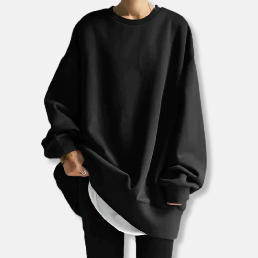 Women's oversized soft knit tunic sweatshirt with ribbed crew neck in relaxed silhouette