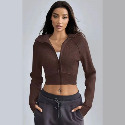 ZenCore cropped zip-up hoodie in neutral tone, sculpted body-hugging fit with high-neck closure