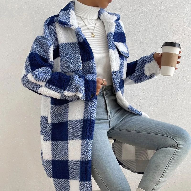 Women's earthy brown ivory plaid wool coat elegant structured silhouette cozy everyday chic outerwear