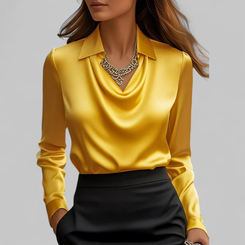 Women's satin blouse draped neckline long sleeve silky ivory top professional elegant wear
