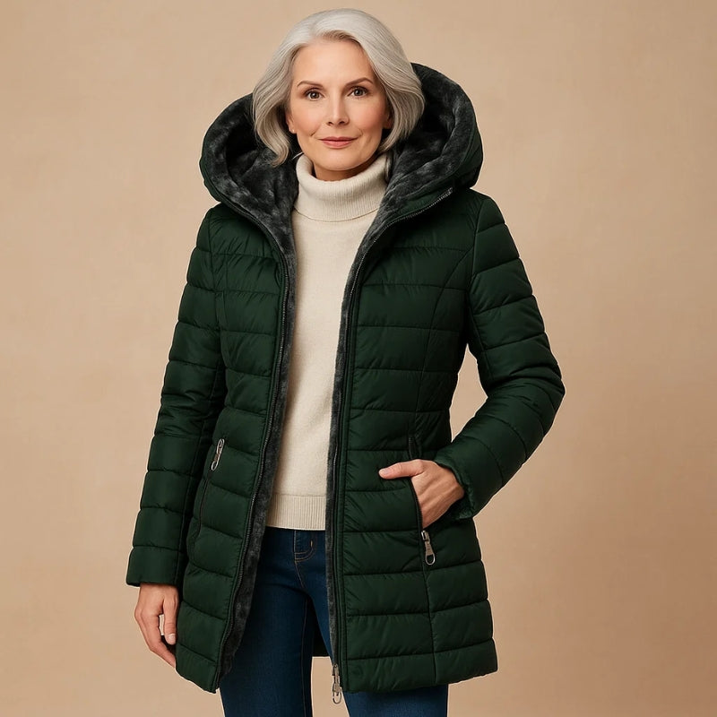 Nuvra oversized winter jacket with plush lining, cold-shield shell, and wraparound hood for deep-winter warmth