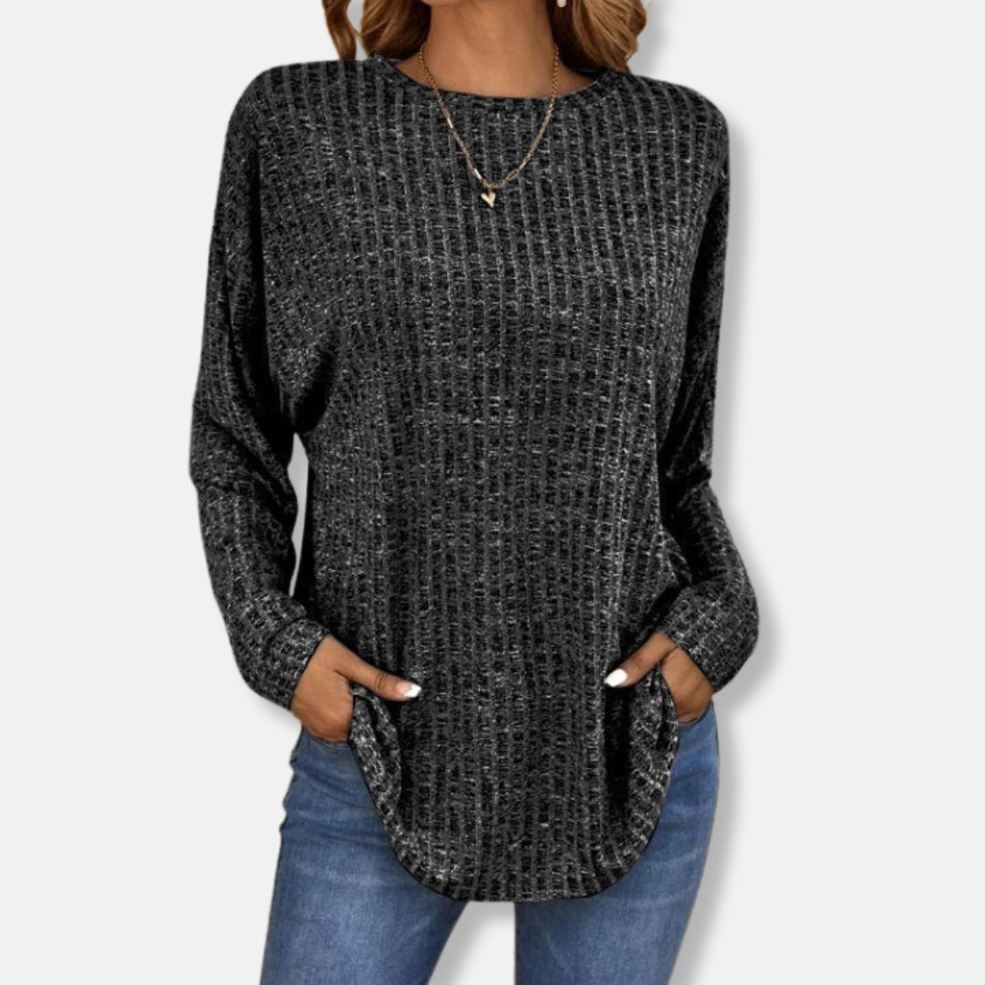 Women's relaxed fit ribbed knit pullover top long sleeve curved hem cozy layerable style