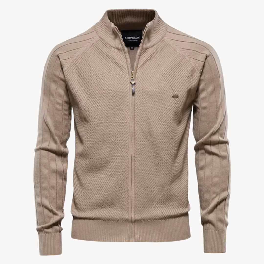 Men's wool blend knit jacket slim fit zip-up in neutral tone for casual everyday wear