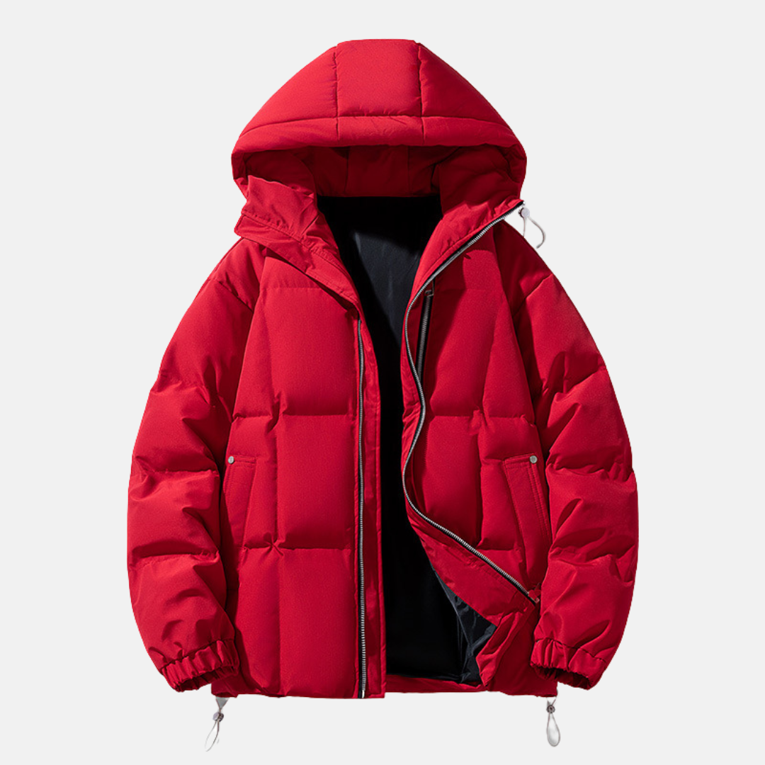 Men's oversized quilted puffer jacket hooded winter coat with zip front closure in neutral tone