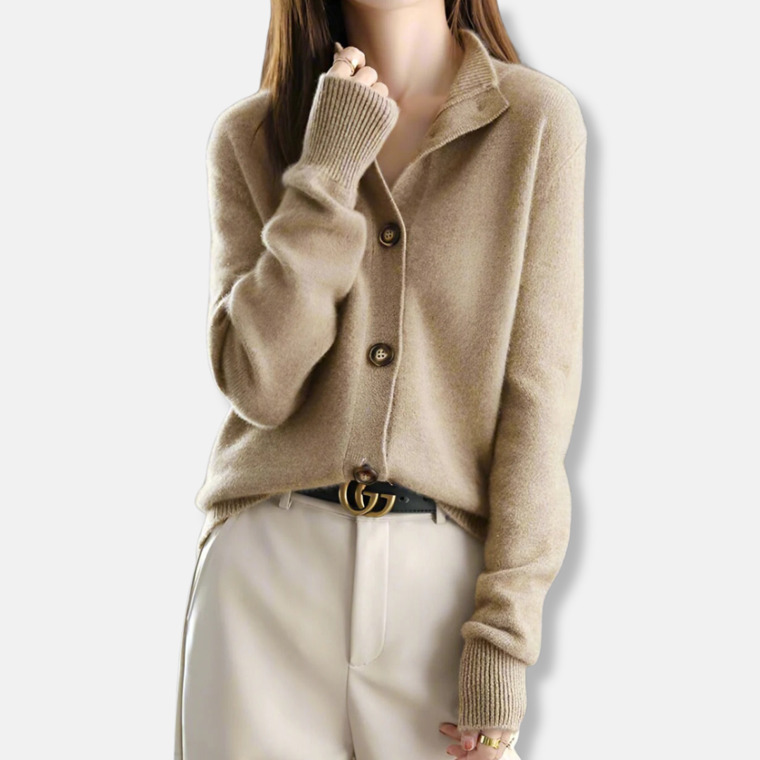 Women's relaxed fit knit cardigan with mock collar and button closure for everyday style