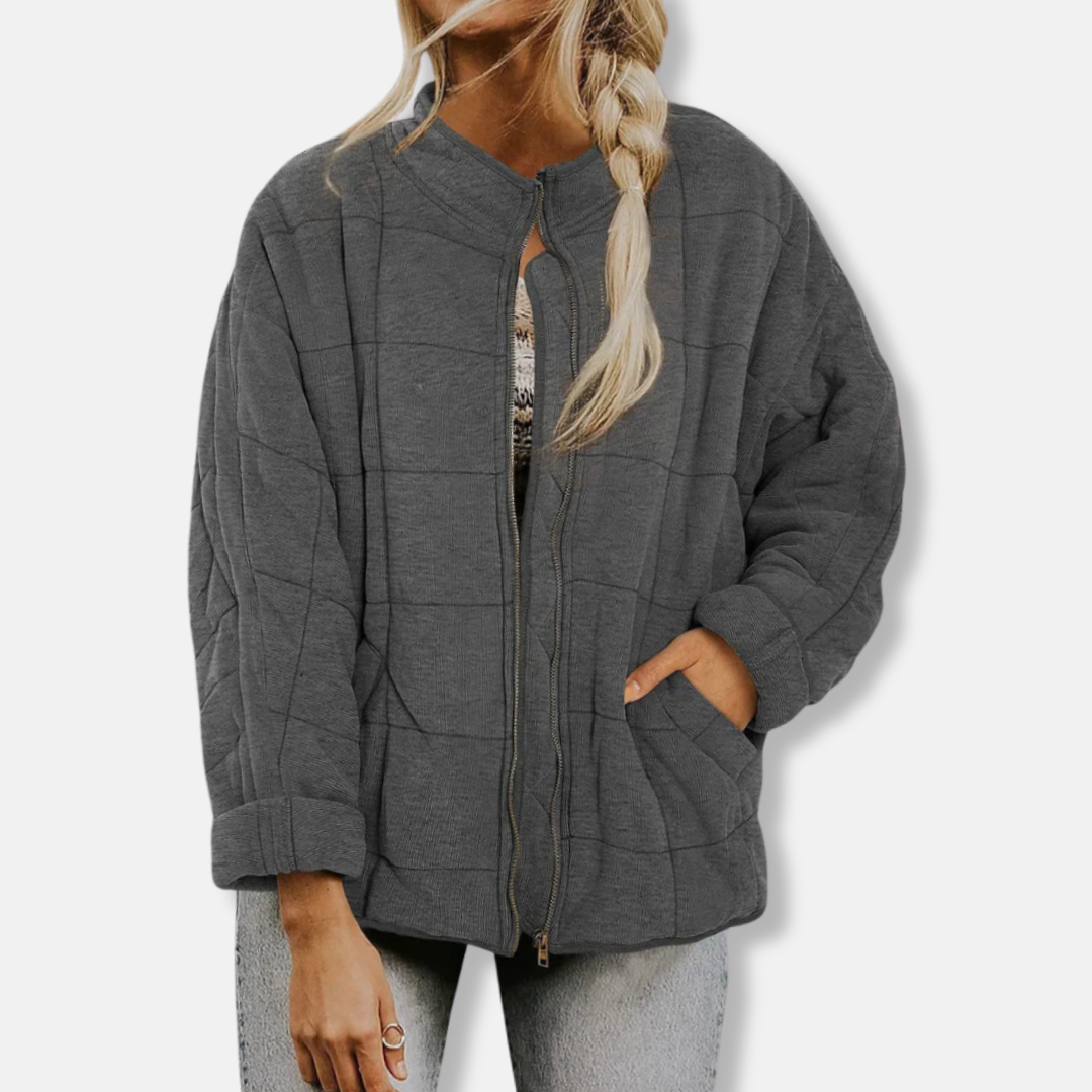 Women's oversized quilted coat stand collar full zip hip-length relaxed fit cozy winter outerwear