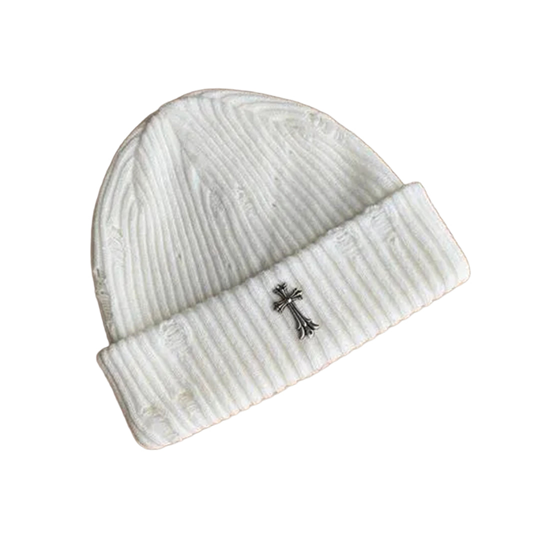 Black ribbed knit beanie with distressed finish and iron cross metal emblem streetwear style