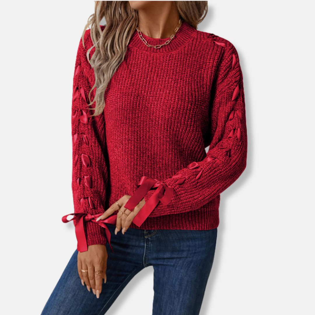 Women's cream soft knit relaxed fit crew neck pullover sweater with lace-up sleeve detail