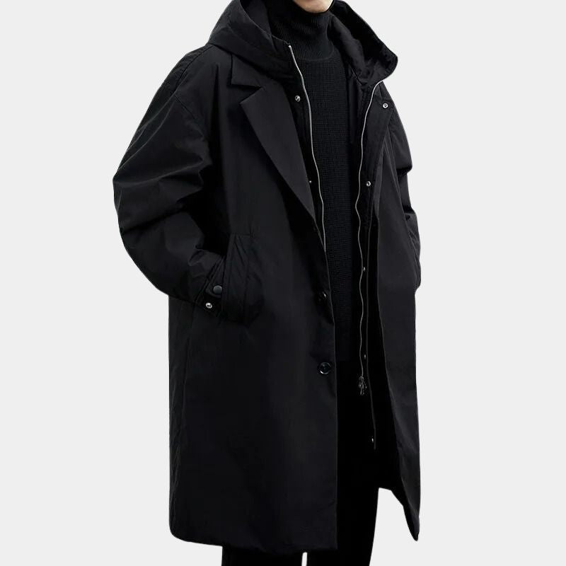 Men's navy longline trench coat windproof weather-resistant slim fit with structured collar