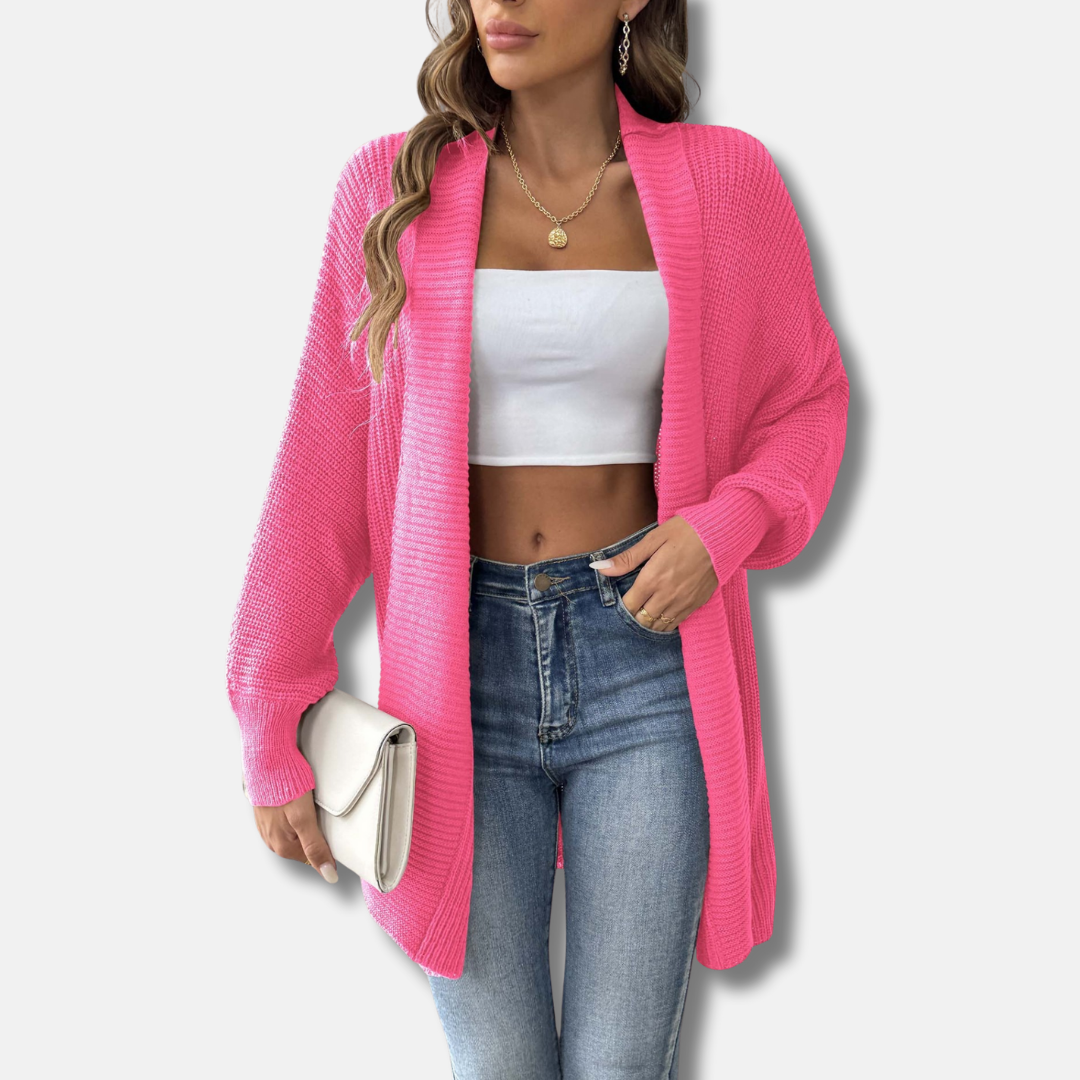 Women's longline acrylic knit cardigan shawl collar pearl buttons elegant everyday essential