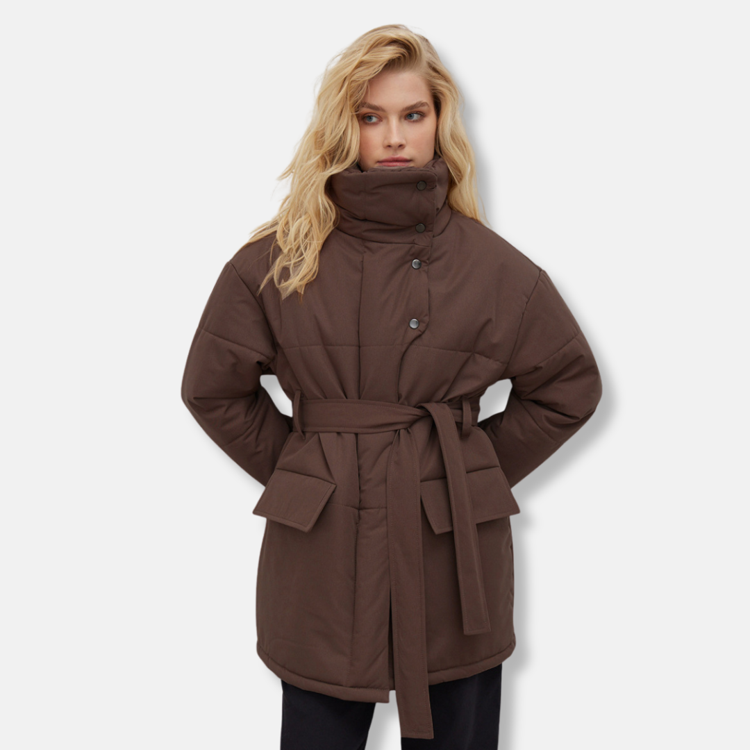Women's oversized puffer jacket belted waist high stand collar cozy winter coat modern style
