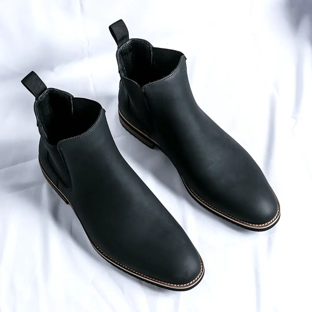 Black vegan leather Chelsea boots slip-on design polished finish versatile men's footwear