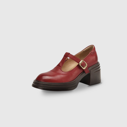 Women's chunky block heel Mary Jane pumps in classic round toe T-strap style with gold buckle detail