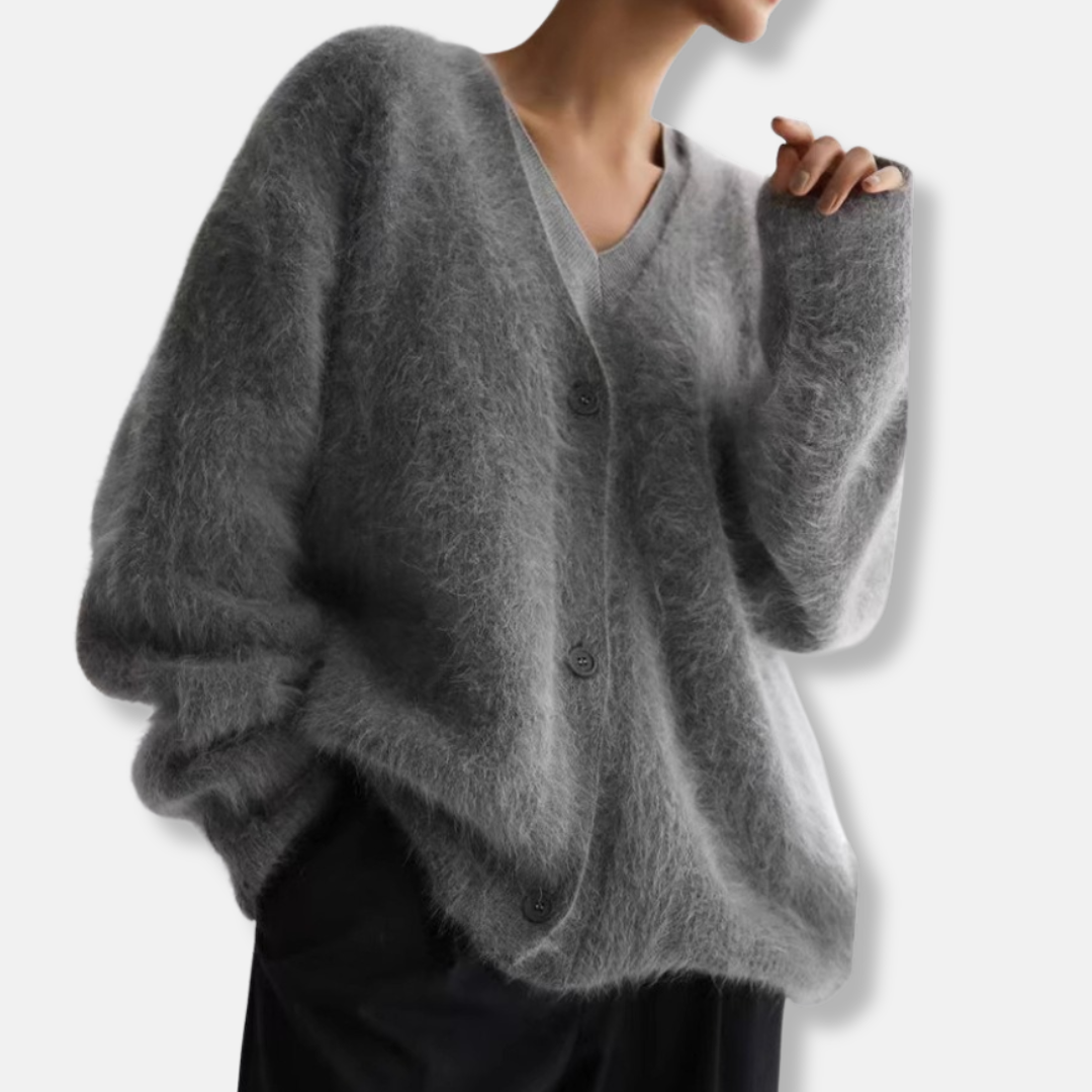 Women's oversized brushed knit cardigan, V-neck with single-button closure, relaxed cozy fit