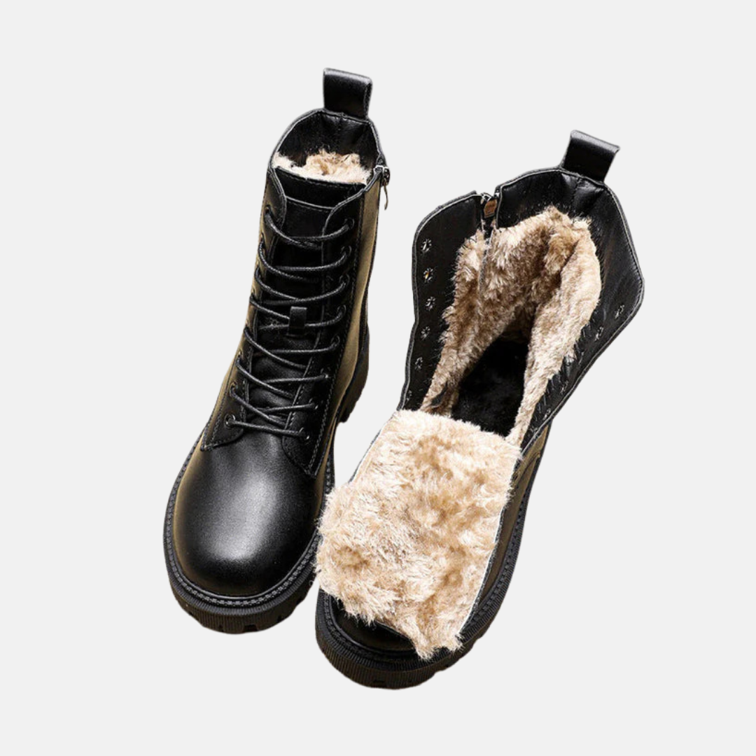 Women's black faux leather lace-up ankle boots with chunky lug sole for winter style