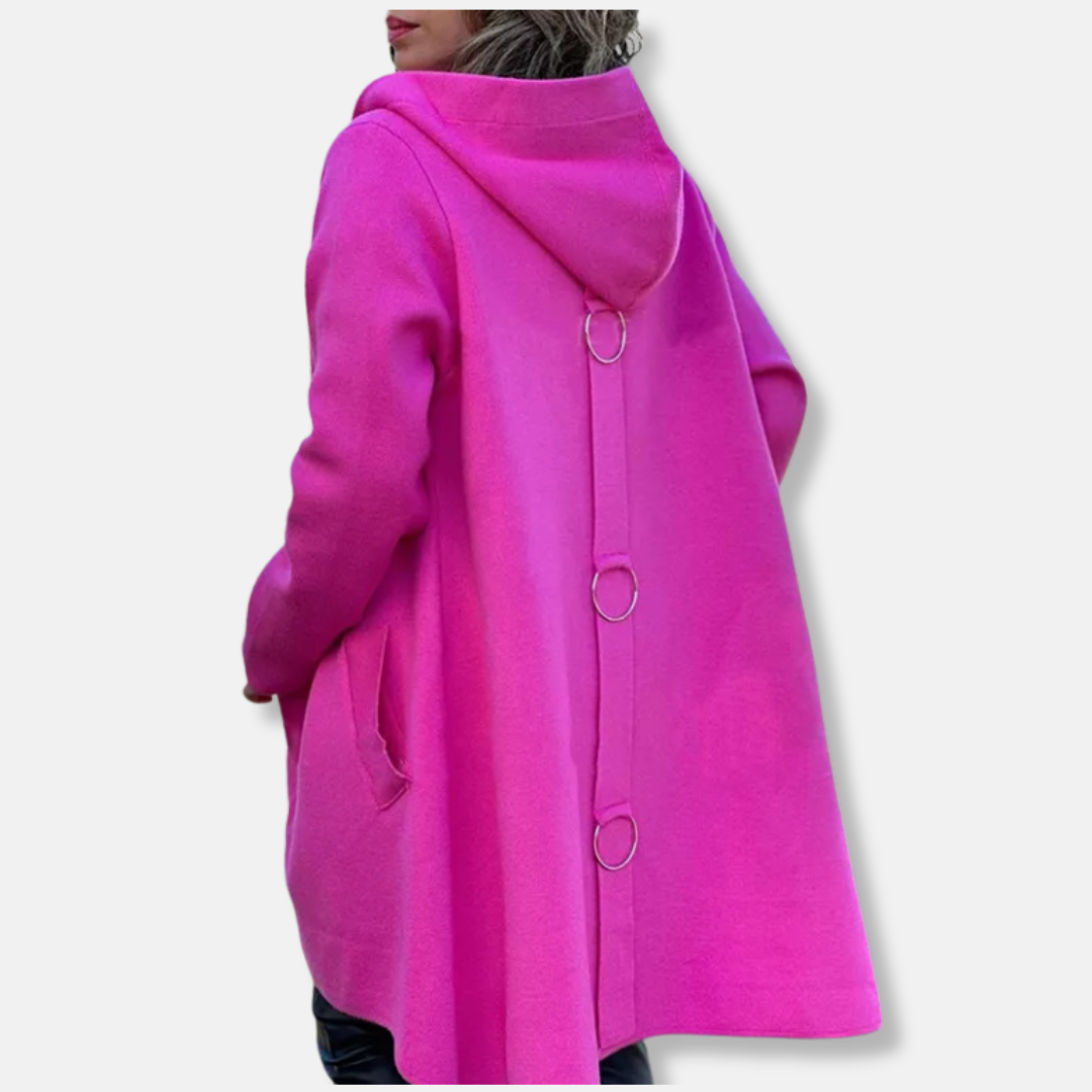 Women's wool hooded coat with snap button closure, A-line silhouette, mid-thigh length