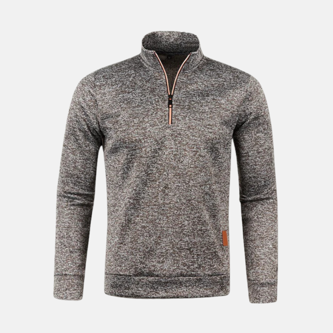Men's black micro textured knit quarter zip sweatshirt with stand-up collar, regular fit