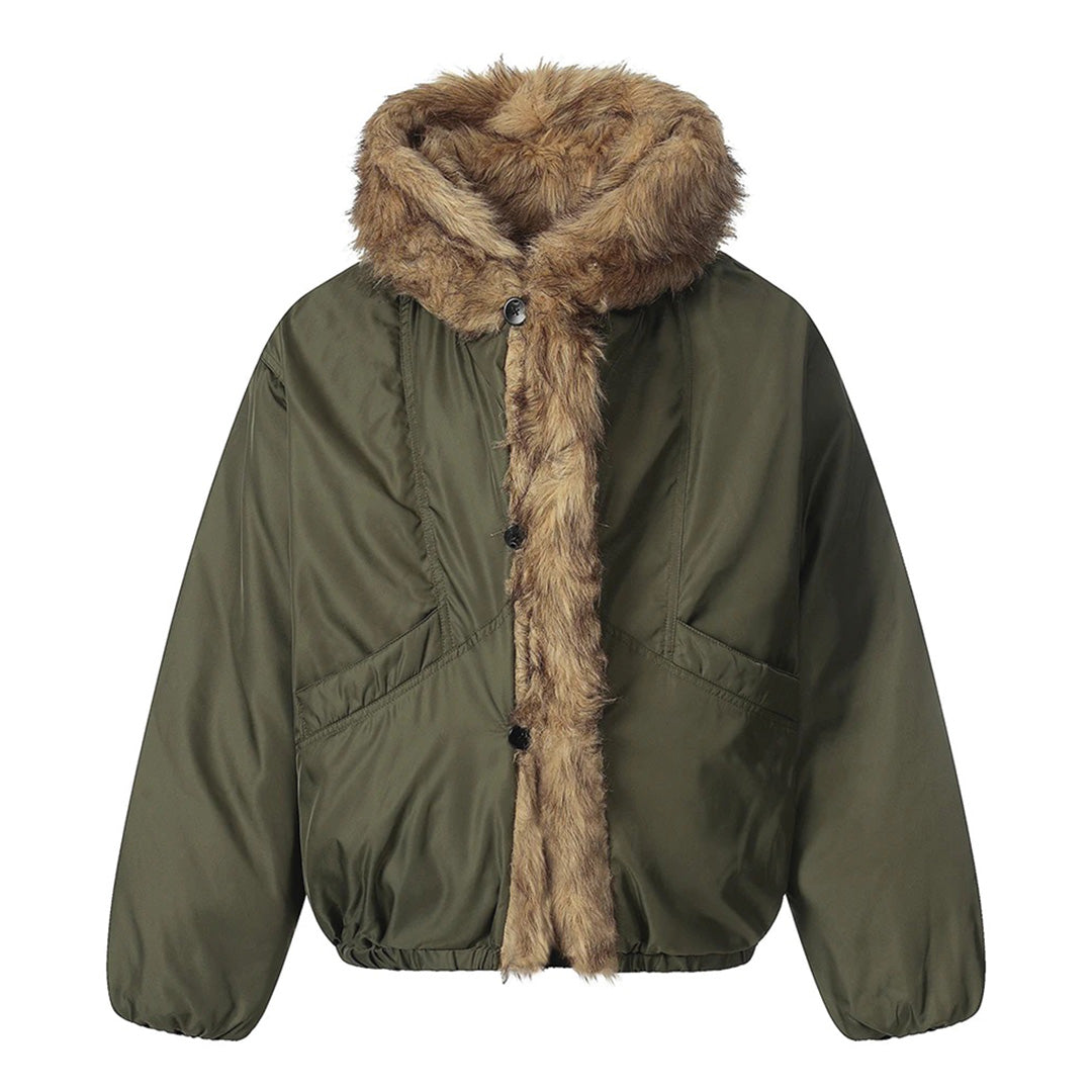 Black relaxed-fit hooded nylon jacket with full faux-fur lined hood and placket for women