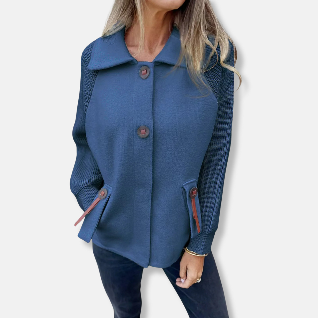 Women's relaxed fit jacket with textured knit sleeves, lapel collar, and button front everyday chic style
