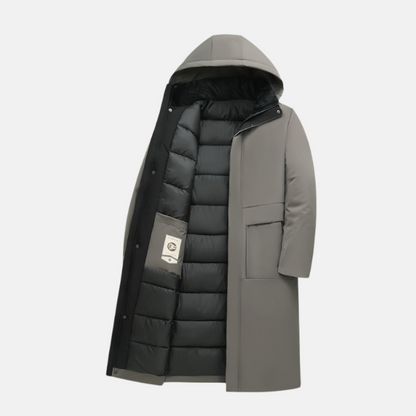 Men's full-length insulated long coat regular fit with snap button closure and hooded design