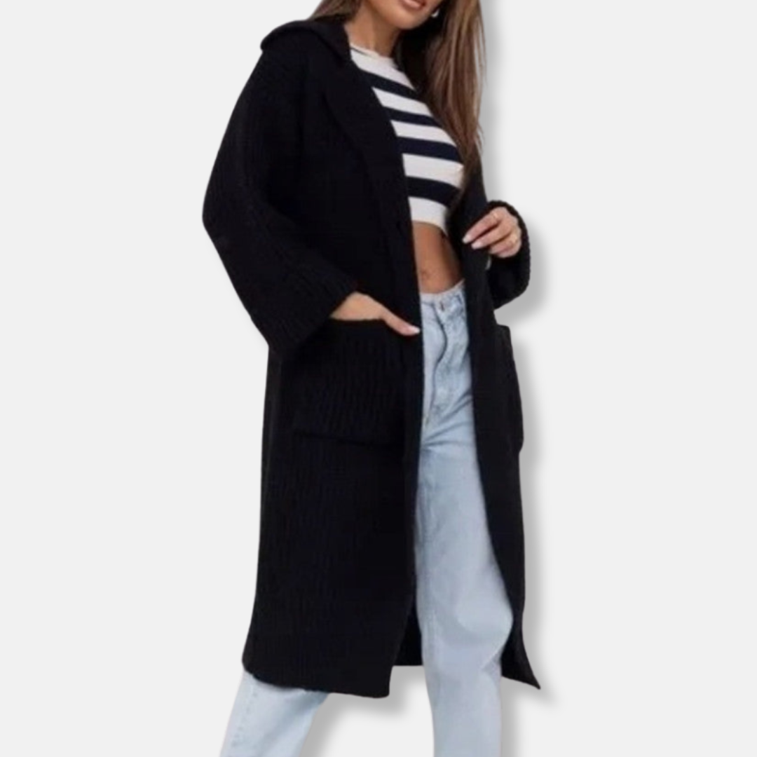 Women's wool blend oversized hooded knit coat in ribbed texture for fall winter layering