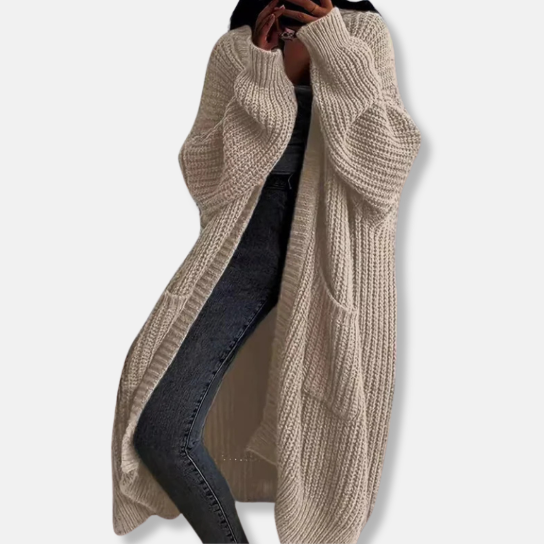 Women's ribbed knit oversized maxi cardigan open front with pockets, cozy fall layering piece
