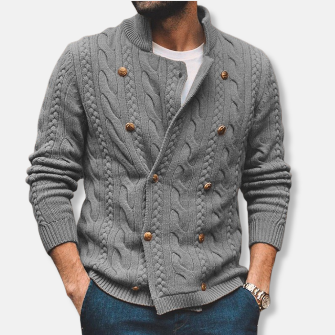 Men's wool blend double-breasted cardigan, semi-high collar, cable knit pattern, regular fit fall winter