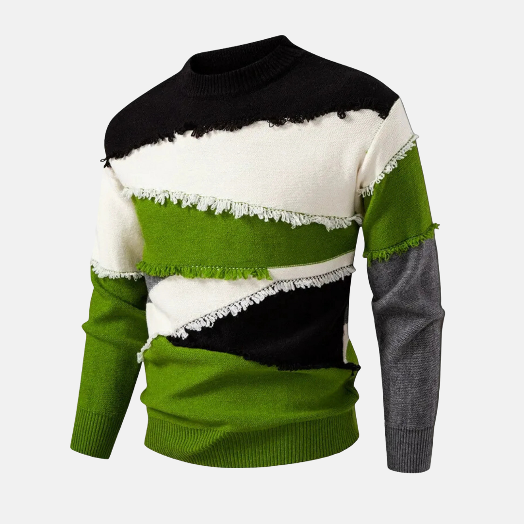 Men's colorblock mock neck sweater regular fit knit blend with raw-edge fringed seams smart casual