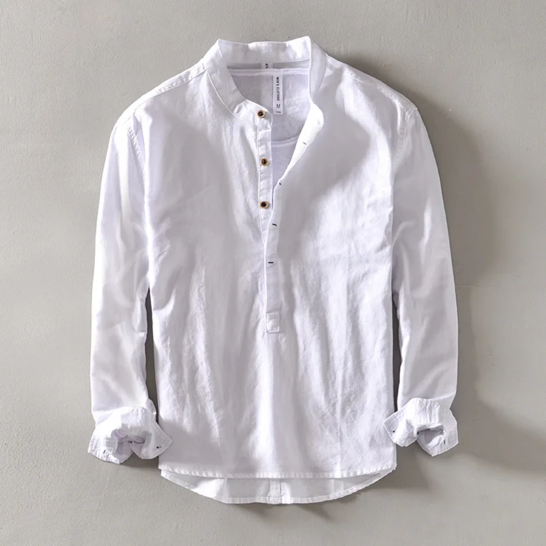 Men's white premium linen shirt relaxed fit with mandarin collar, breathable lightweight fabric