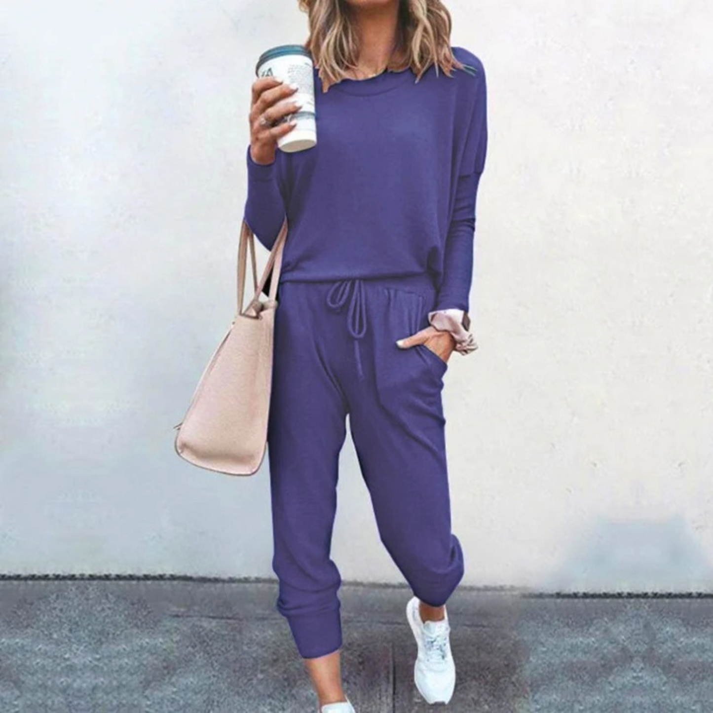Women's gray relaxed jogger lounge set with coordinated top and loose silhouette