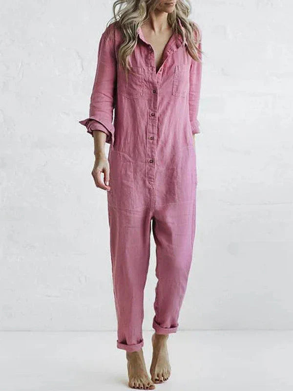 Women's loose fit cotton linen jumpsuit with long sleeves and front button closure