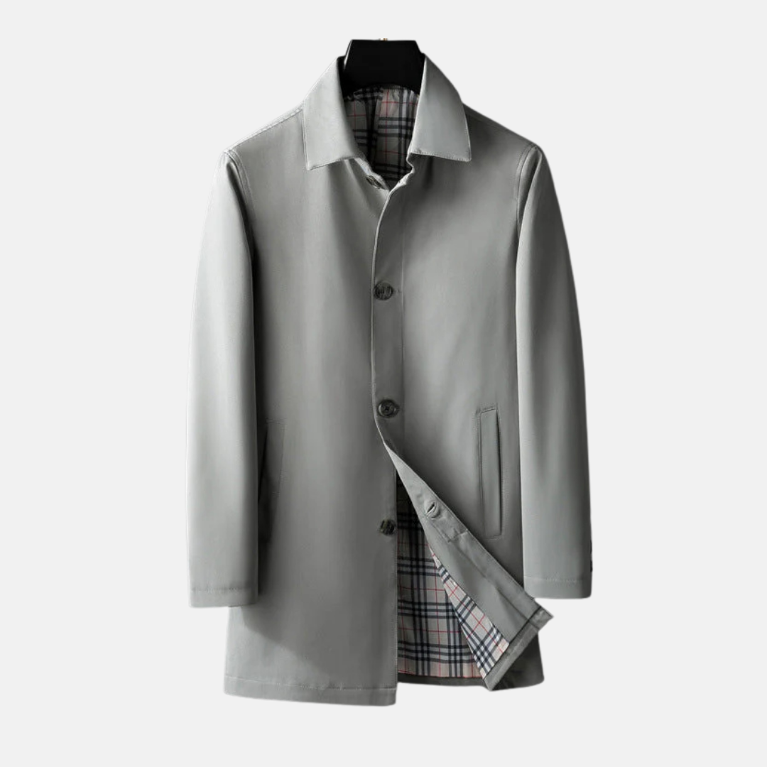 Men's wool blend tailored fit overcoat with button front closure and lined interior for formal wear