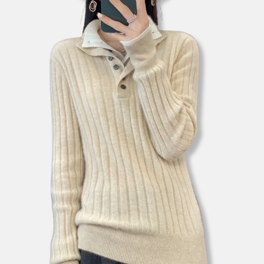 Women's ribbed knit pullover sweater with polo collar and four-button placket straight silhouette