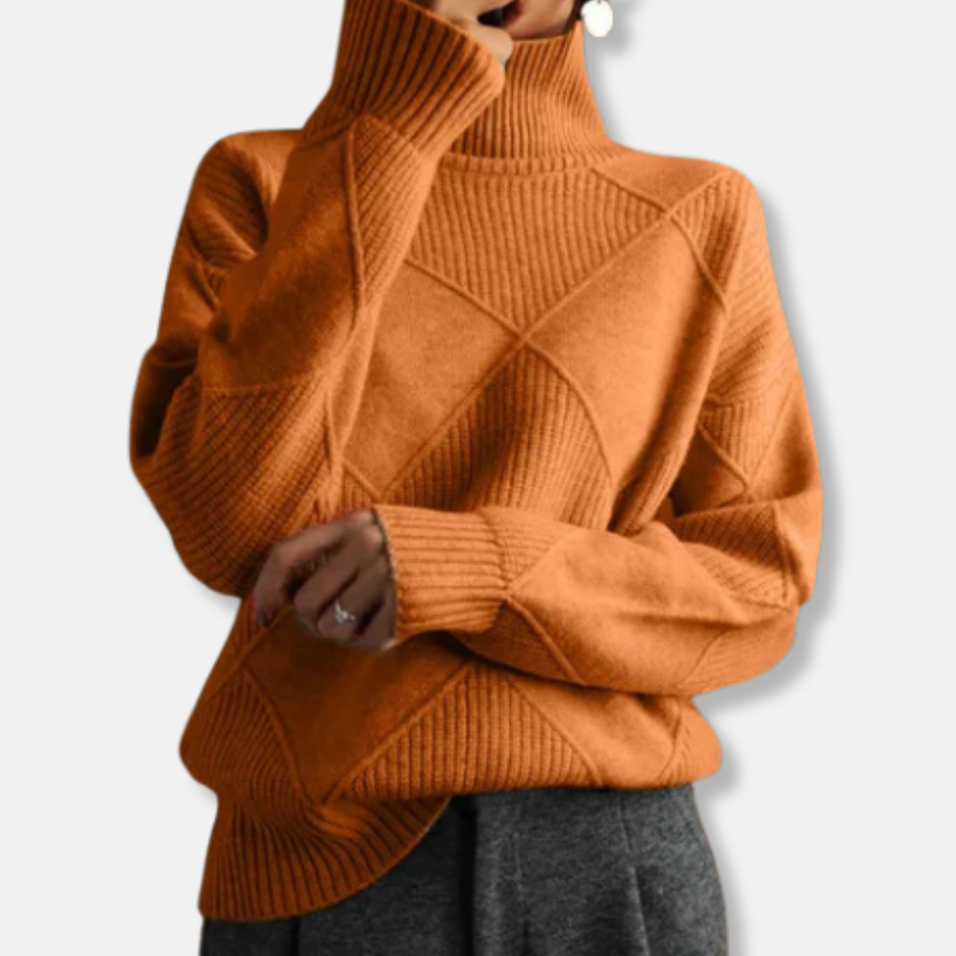 Women's sienna relaxed fit turtleneck sweater with ribbed diamond knit texture and hip-length cut