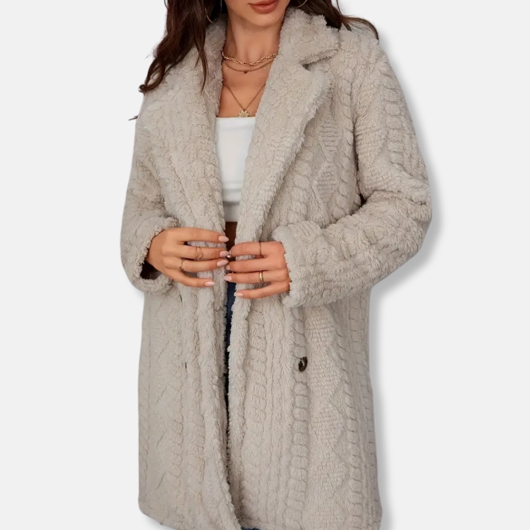 Women's beige knit double-breasted coat with notched lapel, straight silhouette, mid-thigh length