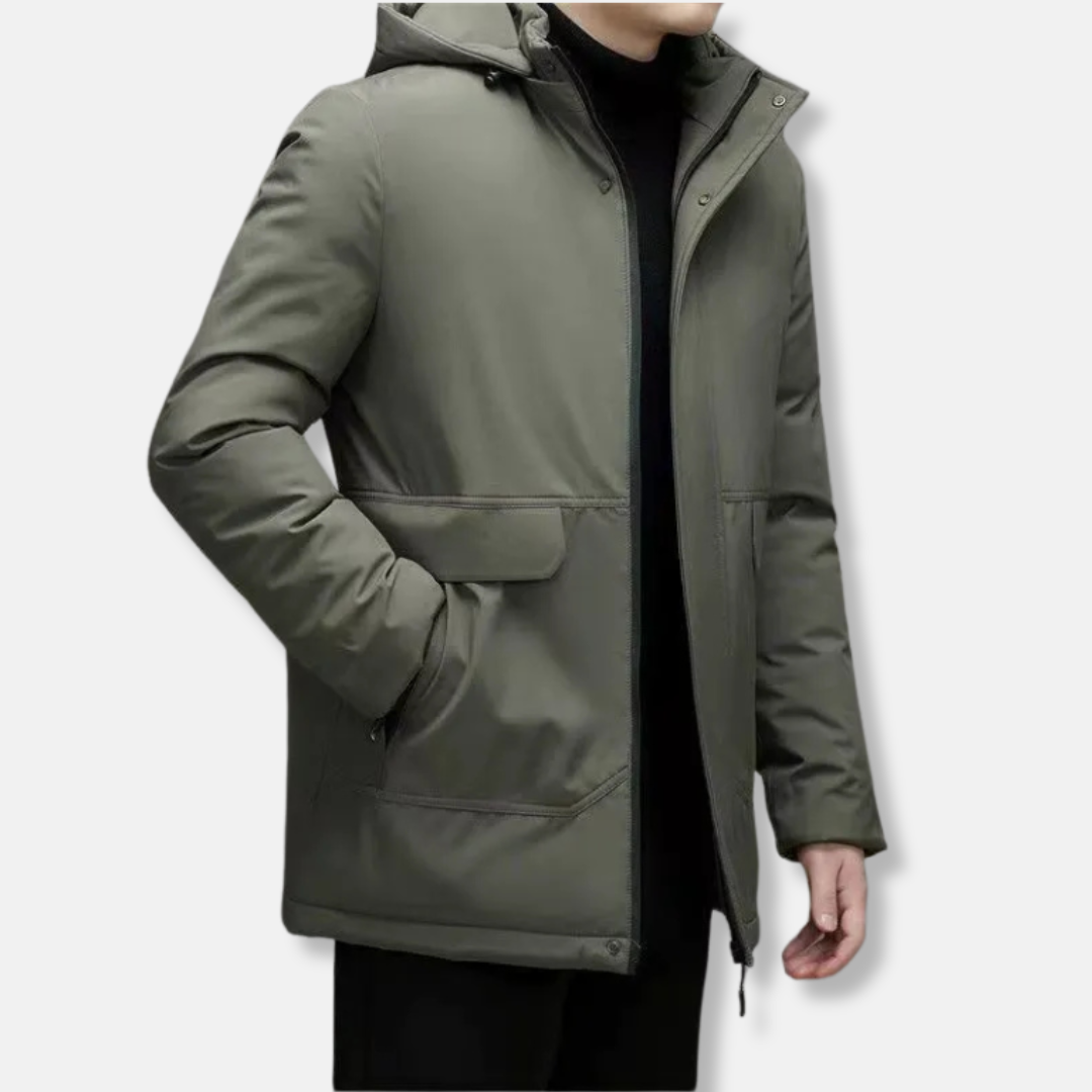 Men's padded insulated hooded coat windproof regular fit hip-length winter outerwear in neutral tone