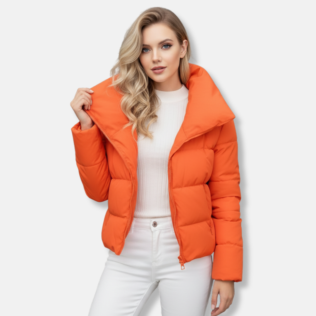 Women's black quilted coat regular fit with funnel neck and asymmetric zip closure padded warmth