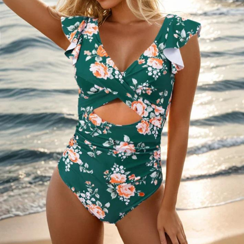 Black one-piece swimsuit with criss-cross cut-out and ruching for a flattering silhouette