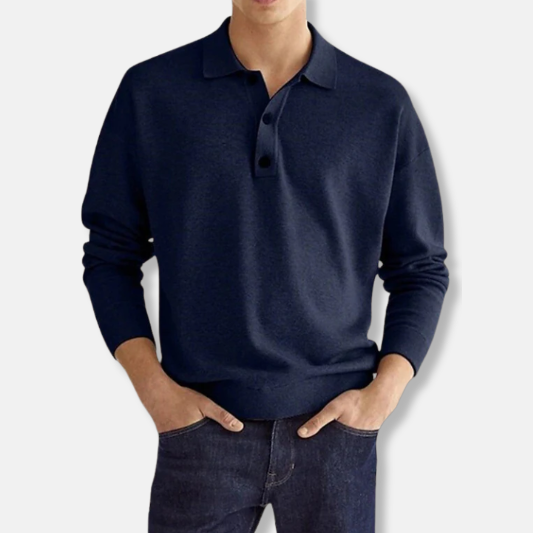 Men's cotton blend polo collar sweater, relaxed fit long sleeve smart casual pullover