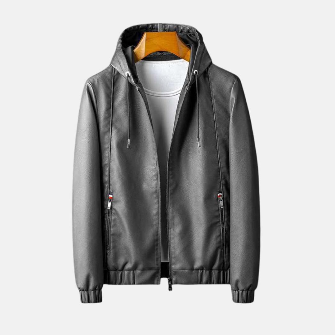 Men's faux leather hooded jacket relaxed blouson fit with zip closure for everyday casual style