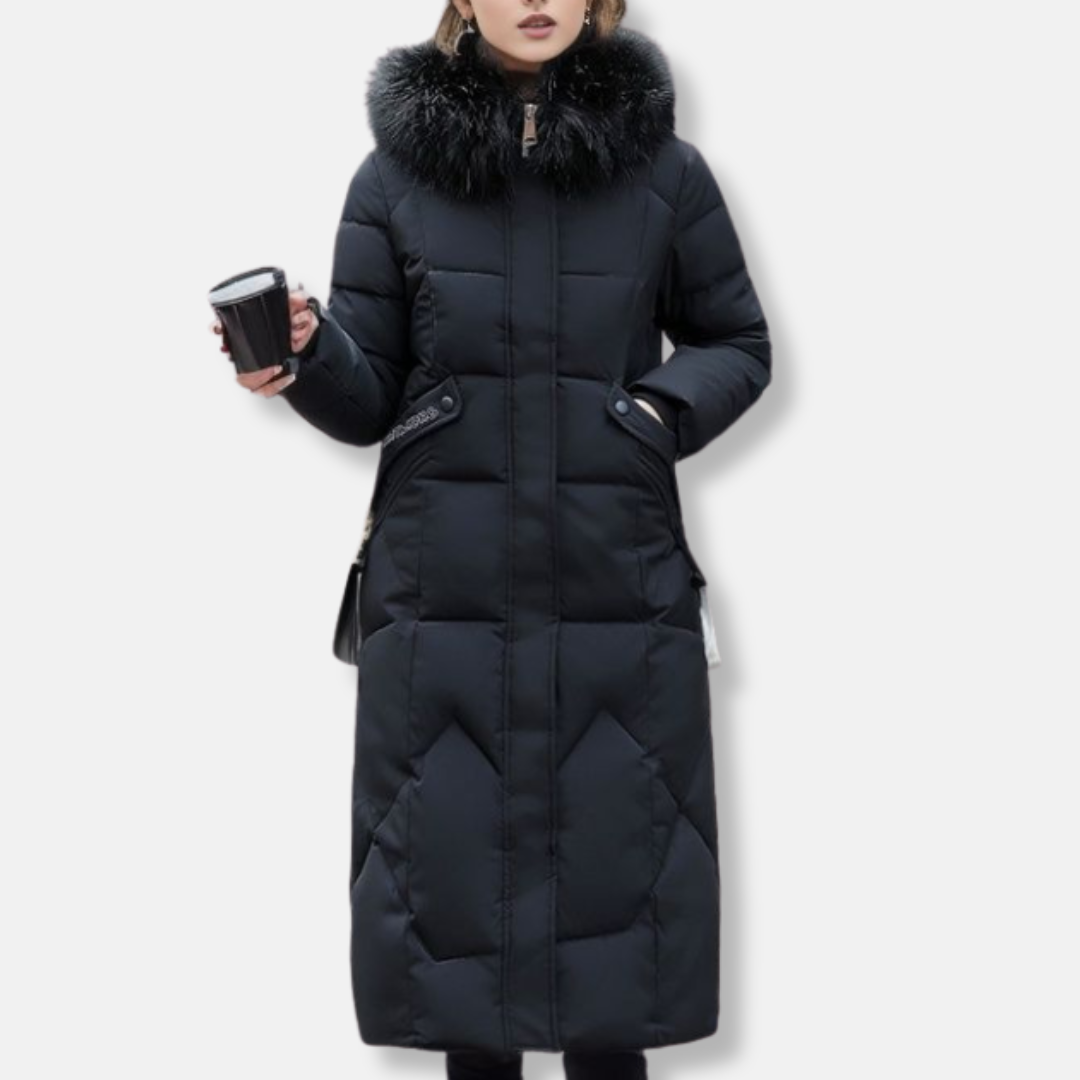 Women's long quilted padded coat slim fit full length with detachable fur collar in neutral tone