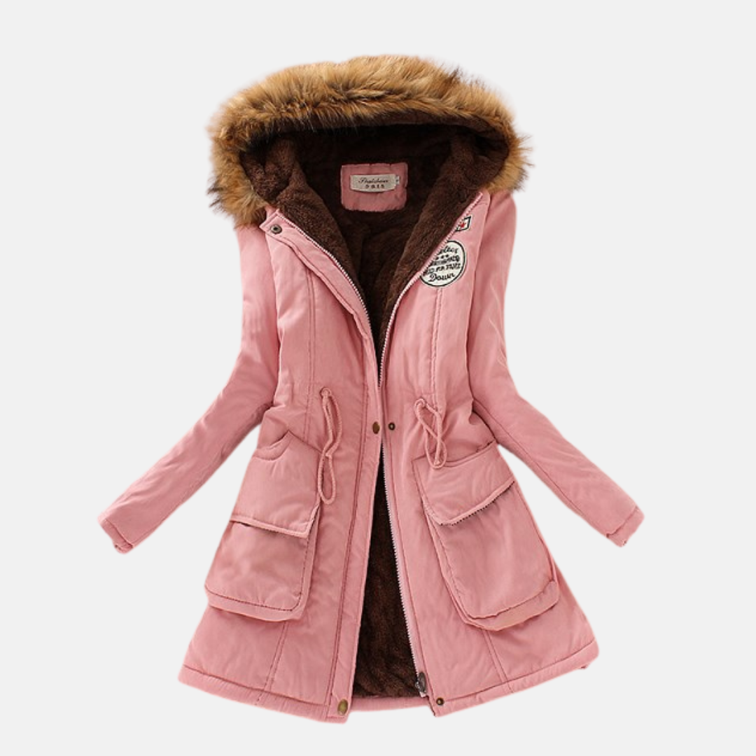 Women's tailored parka jacket with fleece lining and faux fur hood, zip closure, warm fitted style