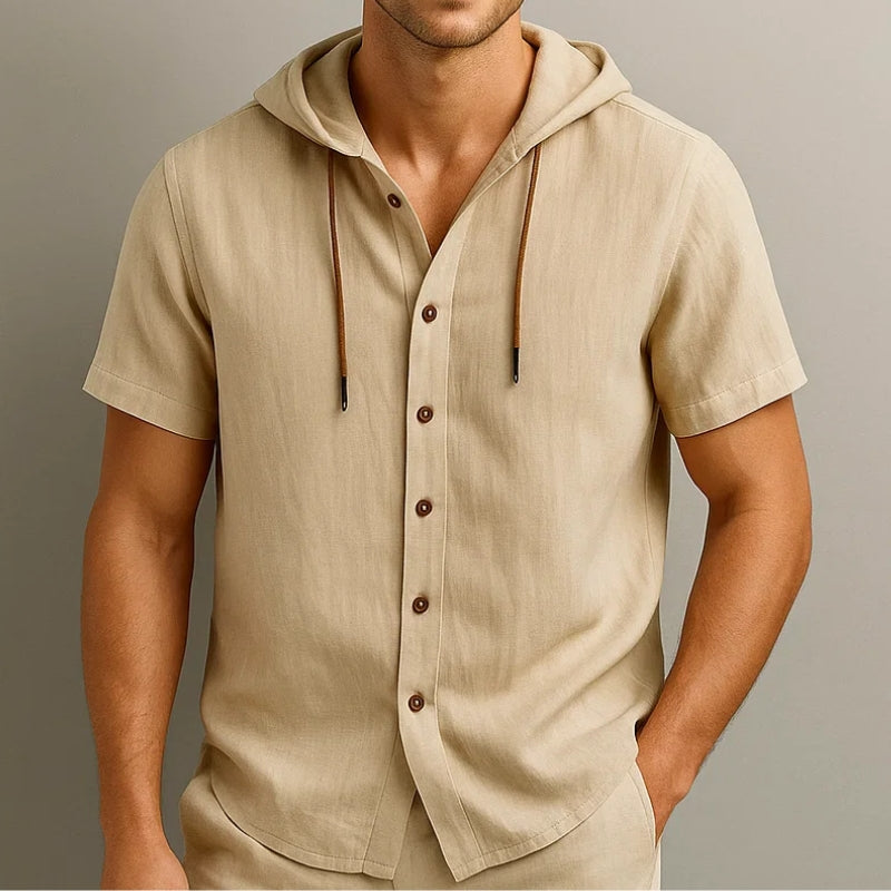 Light beige linen blend short-sleeve hoodie shirt with drawstring hood and curved hem