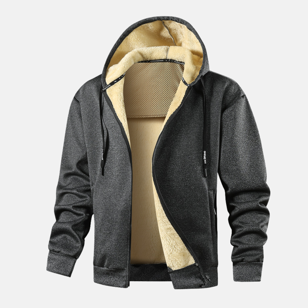 Men's zip-up hoodie jacket navy fleece-lined relaxed fit with ribbed trim winter essential